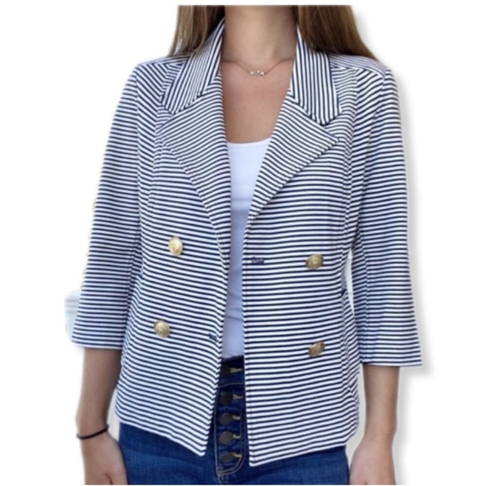 CAbi Women’s Nautical Navy White Striped Blazer Jacket #823 Gold Buttons